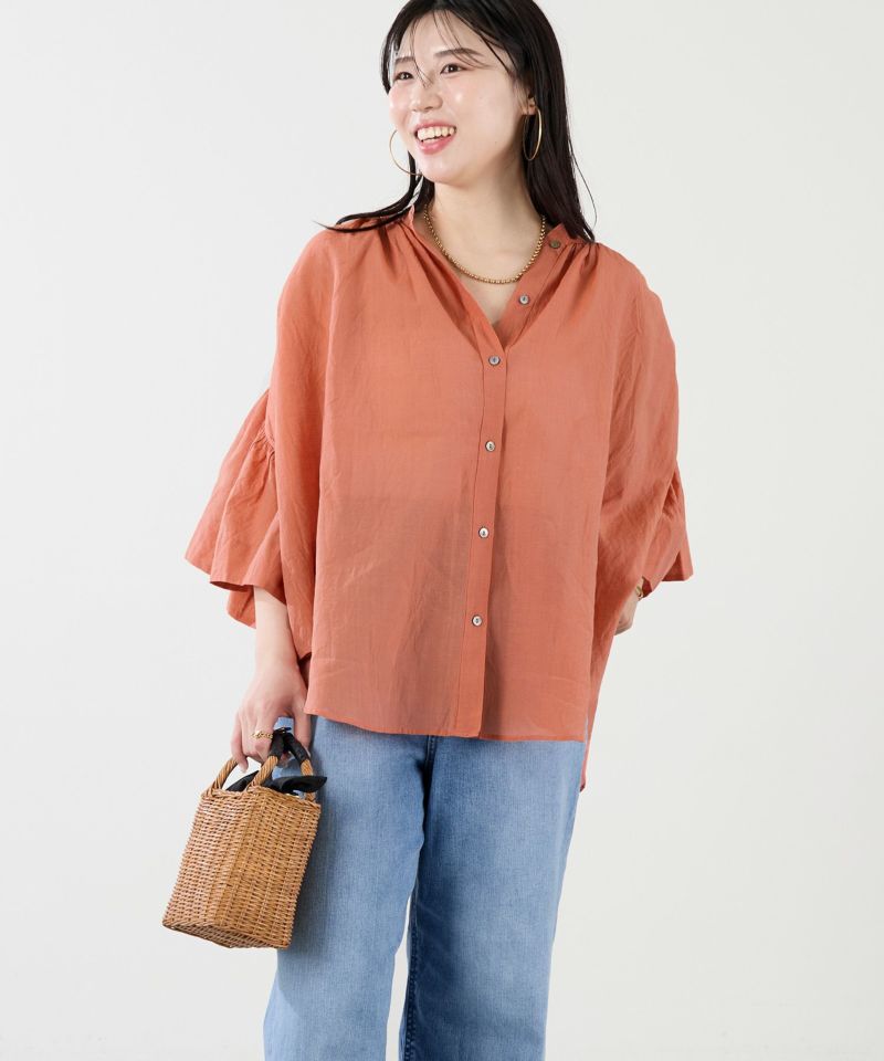 美品✨エンリカ　シアーブラウス　ベージュ　ワッシャー　ギャザー　コットンシルク blouse124-m1.jpg