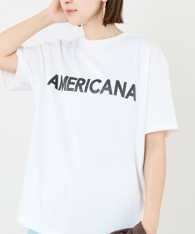 AMERICANA】別注-グリッターロゴプリントラフィー丸胴T-shirt