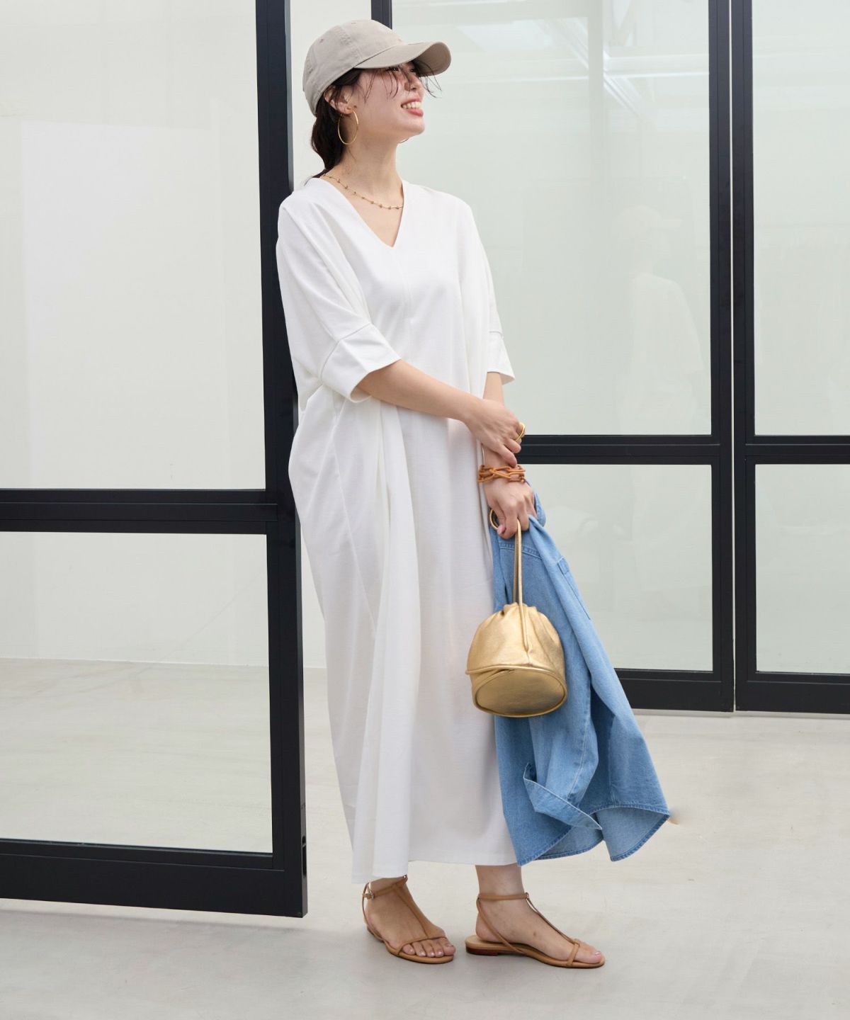50%off]UVカット/接触冷感-Vネックコクーンワンピース