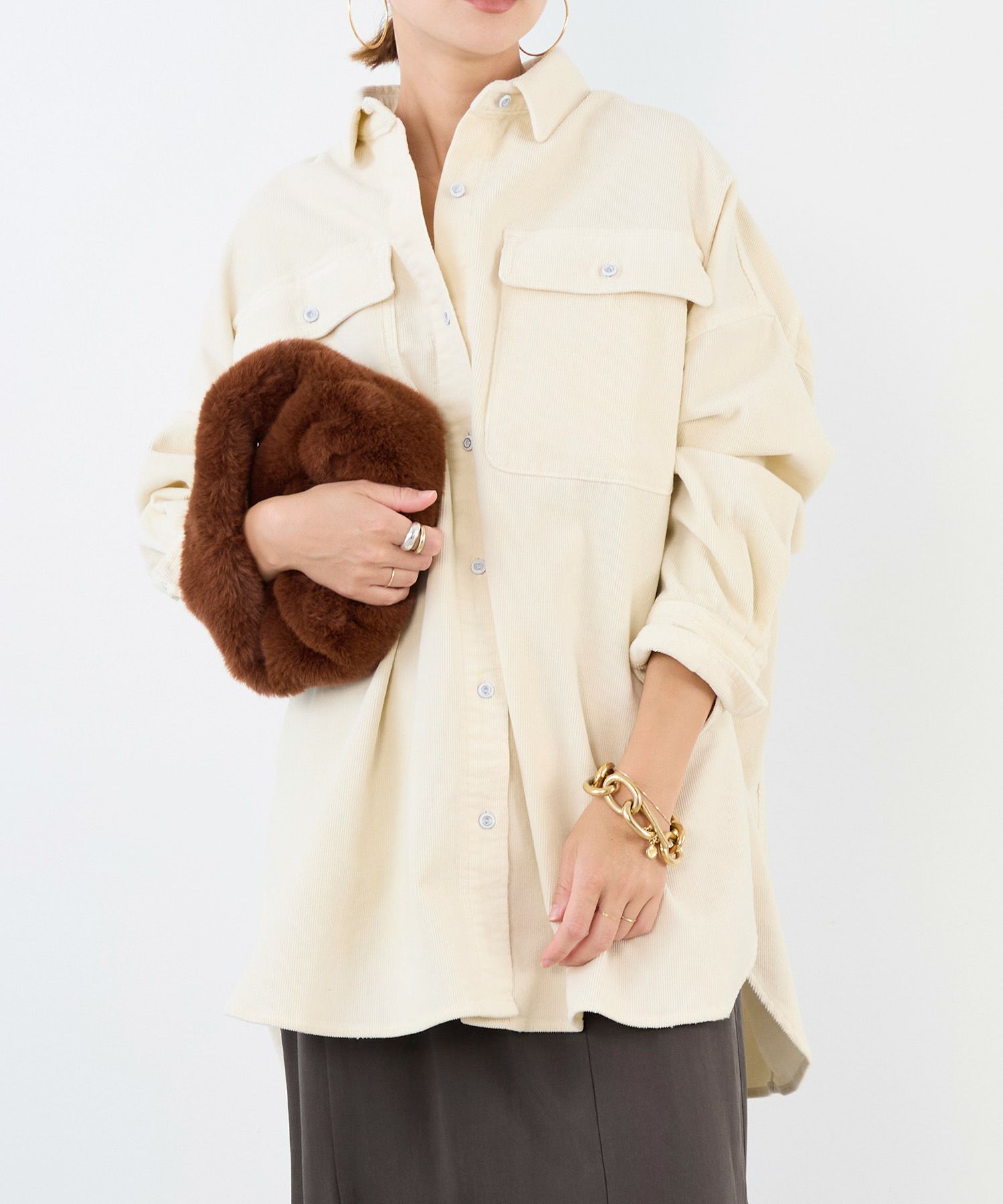 Healthy DENIM】コーデュロイビッグシャツ-Almond/0325301004